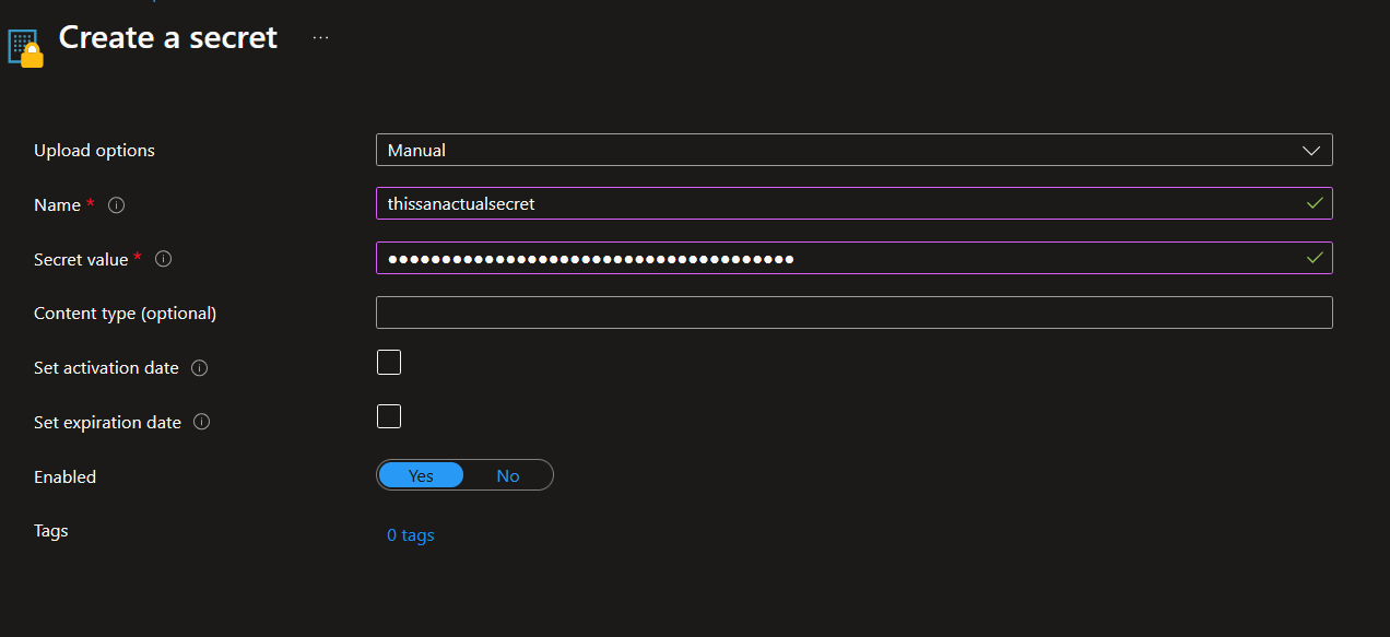 Actual secrets belong in keyvault!