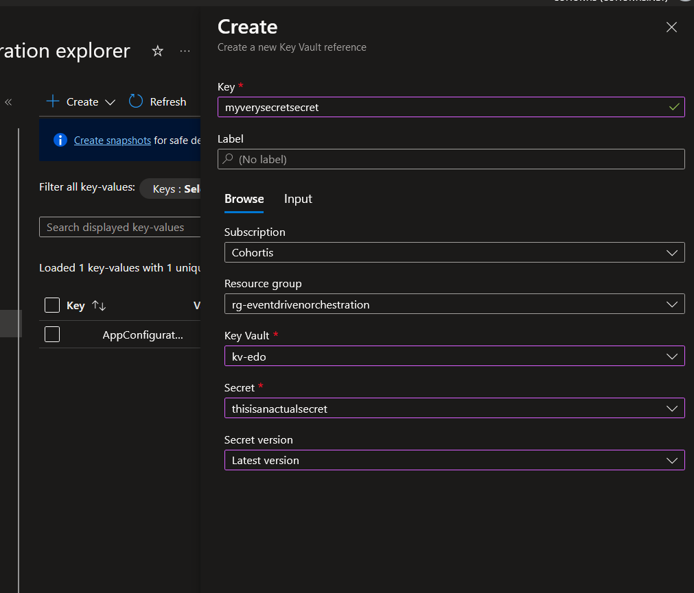 Add a reference to a keyvault secret to your App Configuration