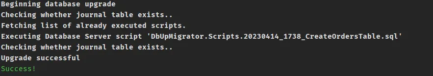 Console output when running the DbUp migrator